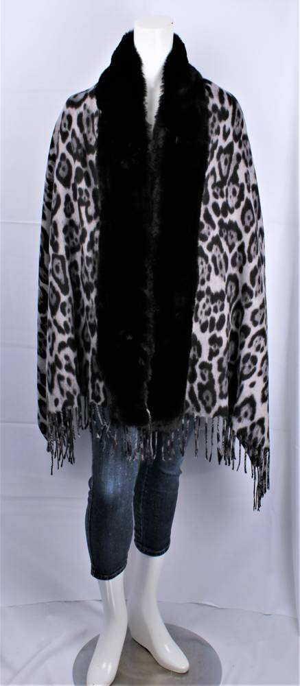 ALICE & LILY fur trimmed animal print scarf black SC/4902BLK